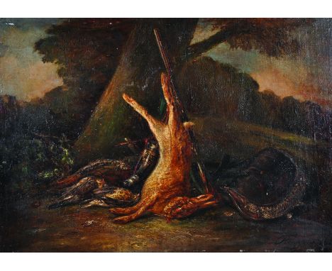 Francois Joseph Huygens (1820-1908) French.A Landscape, with Dead Game, a Gun and Cartridge Bag by a Tree, Oil on Panel, Sign