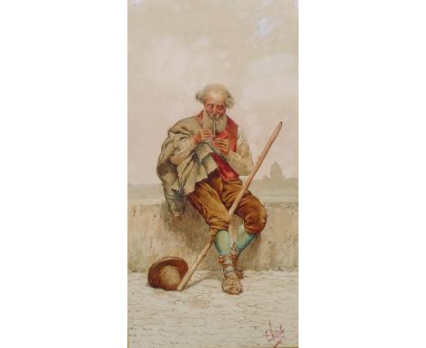 Eduard Vitali (19th Century) Italian.An Old Man Seated on a Wall, Smoking his Pipe, Watercolour, Signed, 13.5” x 6.5”.  