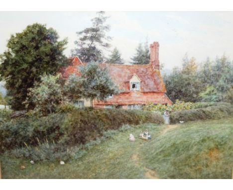 Helen Allingham (1848-1926) British.“Bowlhead Green, Surrey”, A Pretty Garden Scene with Children Playing in the foreground, 