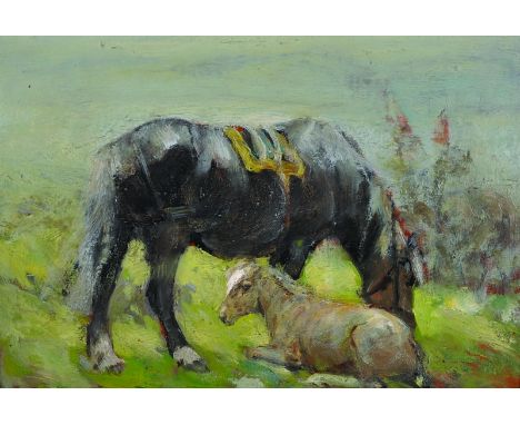 George Smith (1870-1934) British.A Mare and Foal in a Landscape, Oil on Panel, Signed in Pencil on the reverse, 7” x 10”.  