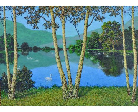 Samuel Webley (1877-1956) British.Swans in a Lake, with Silver Birches in the Foreground, Oil on Panel, Signed with an Initia