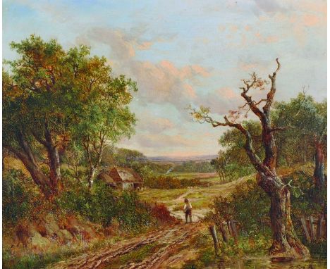 Attributed to Patrick Nasmyth (1787-1831) British.A River Landscape, with a Figure on a Path, a Cottage Beyond, Oil on Panel,