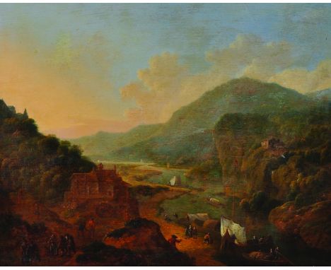 Jan Griffier (1645-1718) Dutch.An Extensive Mountainous River Landscape, with Figures unloading boats, figures on a path, a l