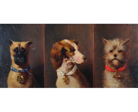 Alphonse de Caranza (19th Century) French.Three Dogs Heads, Oil on Panel, Signed, 7” x 14.25”.  