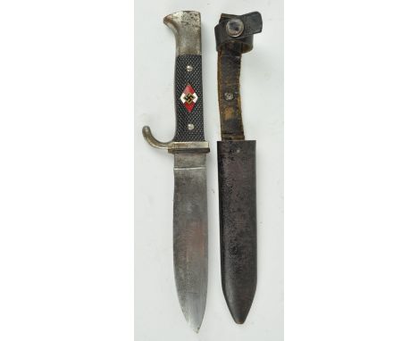 A WWII Second World War German Nazi Third Reich M7/65 HJ Youth dagger having chequered grips, backward facing quillon, engrav