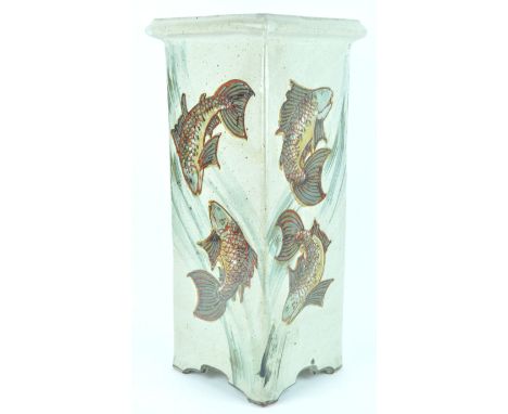 A Studio pottery stick stand, decorated with Koi Carp, 51.5cm high