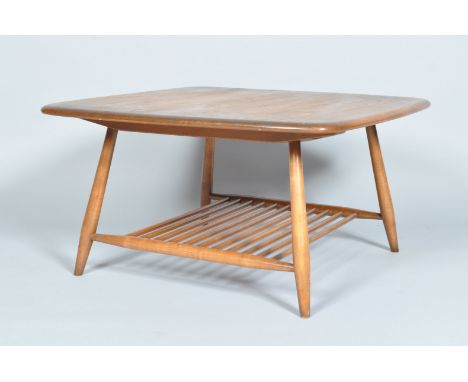 Lucian Ercolani - Ercol - Model 767 - A 1970's retro vintage beech and elm coffee table having a squared top and spindle tier