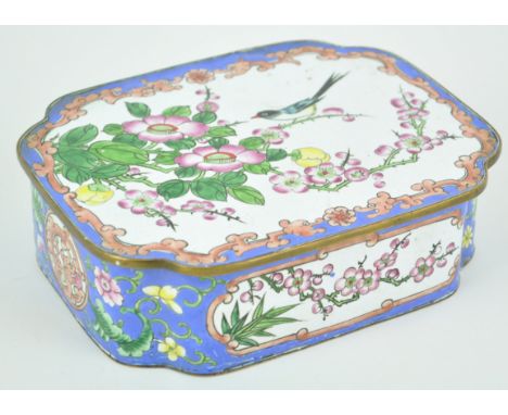 A Canton enamel shaped rectangular box, the hinged cover painted with a bird perched on a branch issuing prunus blossom, 12cm
