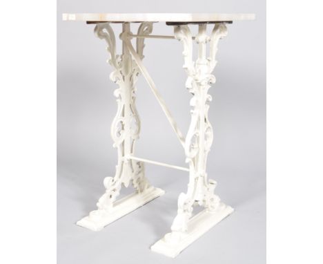 An onyx and hardstone chess table on cast iron white painted legs, 70.5cm high x 44.5cm wide x 44.5cm deep