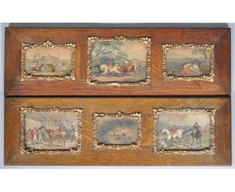 A pair of hunting print trios in oak frames with Rococo style gilt gesso mounts, 18cm high x 56cm wide