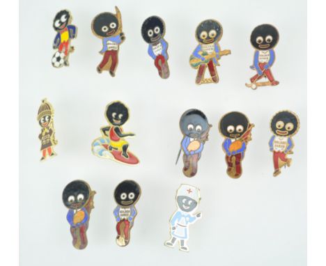 A collection of thirteen Robinson's enamel badges, all the gollies in varying poses