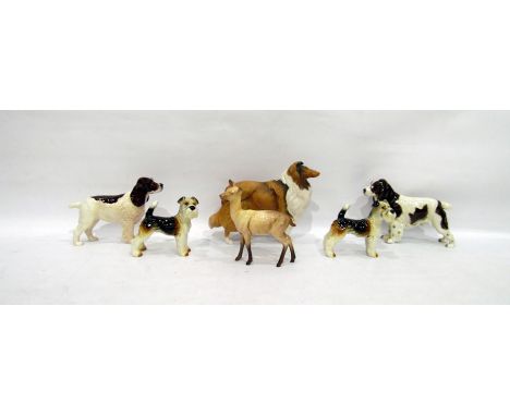 Beswick deer, two Goebel dog ornaments, a Beswick rough collie and two Goebel spaniel ornaments (6)