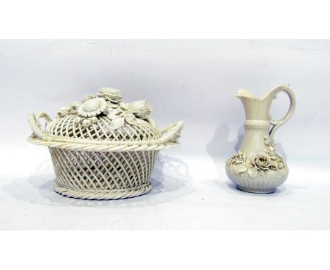 Creamware lidded open weave bowl, the finial as extended floral spray, including rose, thistle, thorny scrolled handles and a