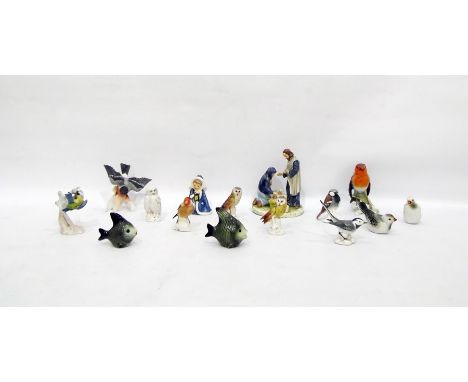 Assorted figurines including Geobel 'Snowy Owl', 'Barn Owl', 'Gold Finch', 'Wagtail', 'Robin', 'Bluetit', etc, a Goebel salt 