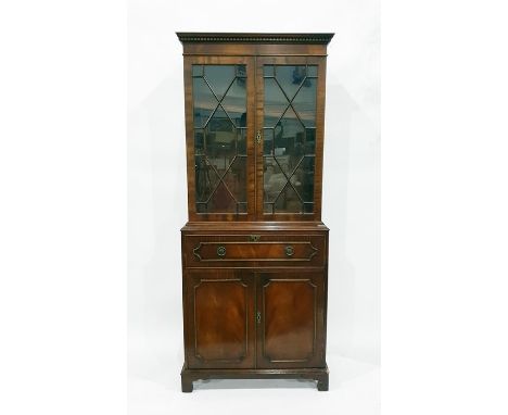 Reproduction Georgian style mahogany secretaire bookcase with dentil cornice, the pair astragal-glazed doors enclosing adjust