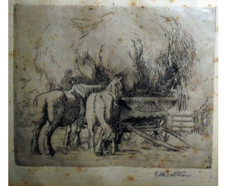 E H BattenEtchingHorses and cart R Stanley G DentBlack and white etchingBuildings and barbed wire, 13cm x 14cm (2) 