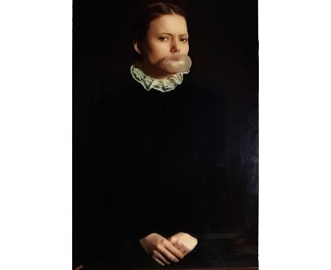 Large photographic print of young woman seated blowing bubble gum, whilst wearing black velvet jacket and white lace ruff, ha