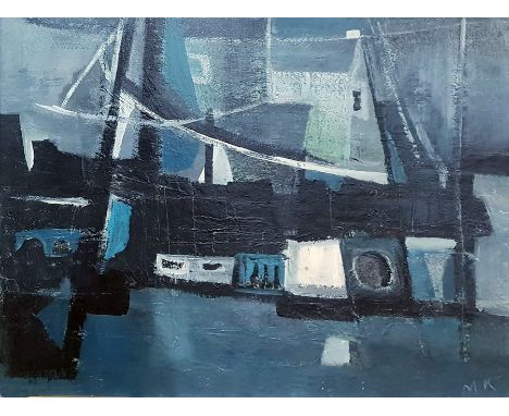 M K Oil on boardAbstract study in blues, blacks and whites, initialled lower right and various further oils 