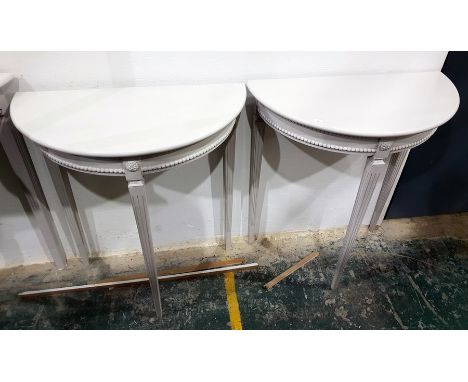 Pair of pale grey painted console tables with bead borders and square tapering fluted legs, width 66cm (2) 