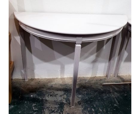 Pair of pale grey painted Georgian style console tables with beaded frieze, on square tapering fluted legs, width 116cm (2)