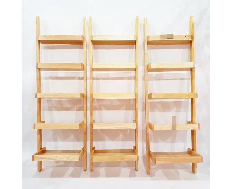 Three beech standing wall shelves of tapering ladder design, of five shelves each, height 190cm (3) together with components 