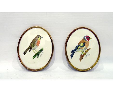 Pair of Goebel wall plaques, one decorated with gold finch, the other with robin, both hand-painted by F Kirchner, stamped to