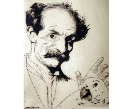 Horace Mann Livens (1860-1936)Drypoint etchingSelf portrait with parrot, 22cm x 17cm 