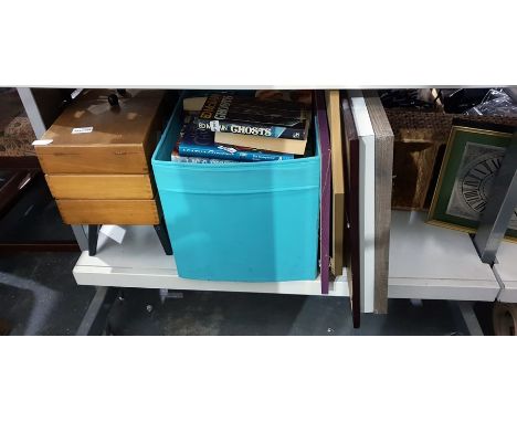 Sewing box, box of books to include J K Rowling, Harry Potter novels, small collection of picture frames and prints, a wall c