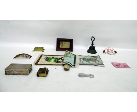 Electroplated sandwich box, a modern reproduction bell, a 'B R Lookout' tinplate armband, assorted chopsticks, brass pin dish