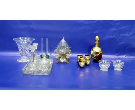 Assorted glassware to include decanter with gilt and floral decoration, six shot glasses, assorted wines, vases, candlesticks