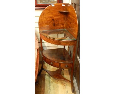 Georgian mahogany corner wash stand, the raised back with single shelf, having single drawer and two dummy drawers to the und