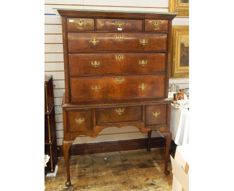 Early 18th century walnut chest on stand with ogee stepped cornice, fitted three short and three graduated long drawers, all 