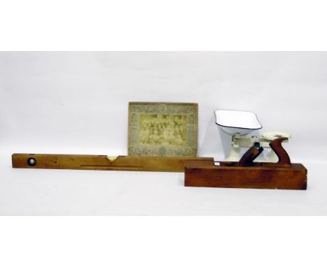 F J Thornton & Co Ltd 'The Viking' scales, a carpenter's block plane, a level and a vintage black and white photograph of sch