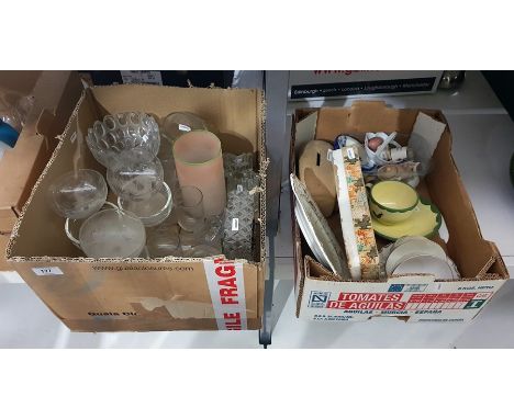 Two boxes of miscellaneous items to include drinking glasses, a glass framed mantel clock, small quantity of china, etc 