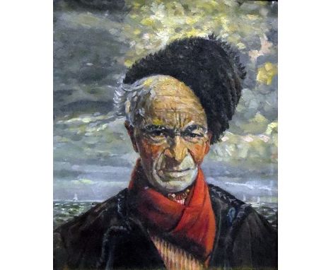 Early 20th century SchoolOil on canvasHead and portrait studyFisherman in a red neckerchief and brown waxed jacket, unsigned,