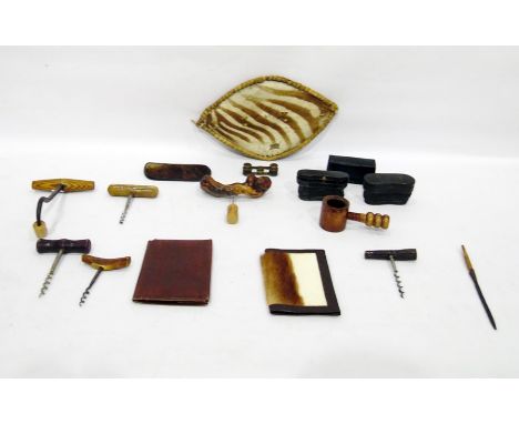 Assorted miscellanea to include vintage corkscrews, African hide shield, opera glasses, etc 