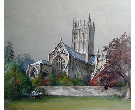 Hermione Hammond (1910-2005) Pen, ink and washDepiction of a church with figures seated on bench, signed and dated 10/91, 31c