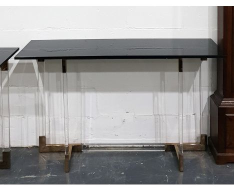 Pair of designer rectangular black glass topped console/side tables on heavy transparent perspex and stainless steel underfra