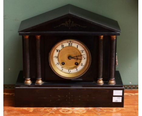 AN ARCHITECTURAL STYLE POLISHED LIMESTONE MANTEL CLOCK, 12" (approx). (1) 