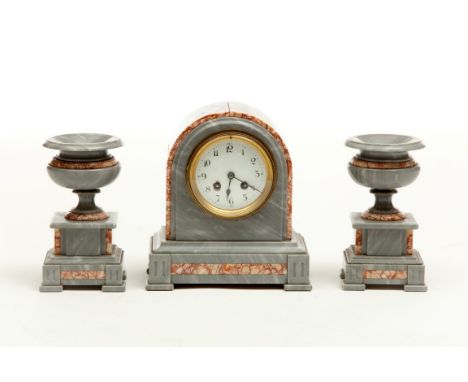 A THREE-PIECE GREY VEINED MARBLE MANTEL CLOCK GARNITURE, P. Bonnet and B. Pottier of Paris, with outside count wheel striking