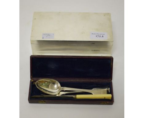 A RECTANGULAR SILVER CIGARETTE CASE, Chester 1897, 7" (18cm); together with a three-piece christening set comprising a small 