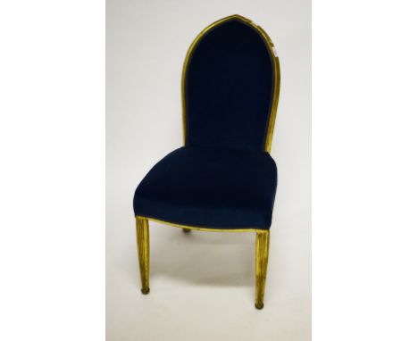 A PAIR OF GOTHIC REVIVAL GILT SIDE CHAIRS, each arched back with a padded panel on a bow-fronted padded seat, on reeded taper