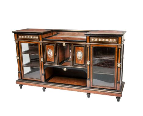 A FINE 19TH CENTURY FRENCH BURR MAPLE AND EBONISED SIDE CABINET, with ornate brass mounts, and Sevres style porcelain portrai