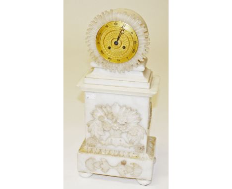 A CARVED 19TH CENTURY FRENCH ALABASTER MANTEL CLOCK, the silk suspension movement with outside count wheel, striking on a ste