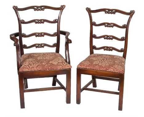 A SET OF EIGHT (6+2) GEORGE III STYLE MAHOGANY LADDER-BACK DINING CHAIRS, each with four pierced scroll cross rails above a p