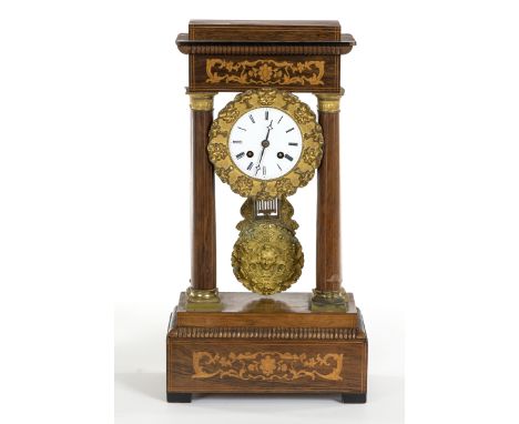 A FINE 19TH CENTURY FRENCH ROSEWOOD AND MARQUETRY INLAID PORTICO CLOCK, by Japy Freres, the movement with outside count wheel