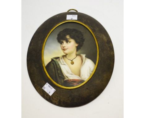 AFTER GUSTAV RICHTER, an oval porcelain panel depicting a portrait of a young Neapolitan fisher-boy, in oval frame, 6.5" (16c