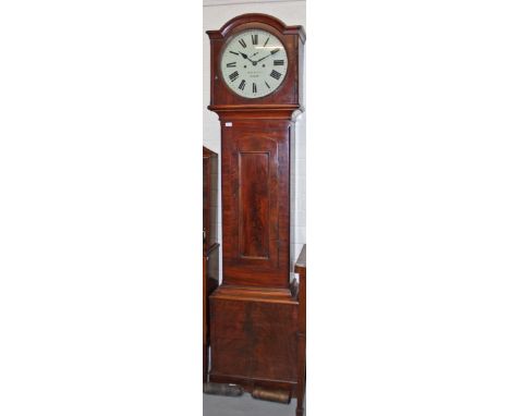 A LARGE IRISH 19TH CENTURY MAHOGANY LONGCASE CLOCK, by John Donegan Dublin, the arched and moulded cornice above a circular d