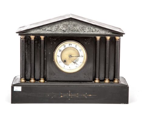 A POLISHED SLATE MANTEL CLOCK, of architectural design, with circular two-stage dial and Arabic numerals, and six columns to 