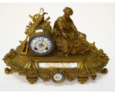 A 19TH CENTURY FRENCH GILT METAL MANTEL CLOCK, with porcelain dial and Roman numerals and outside count wheel by Jape Freres 